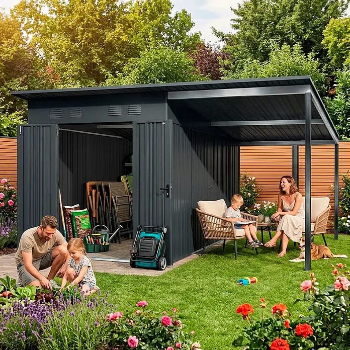 Hoggar Gerätehaus Pioneer Y140 (Außenmaß inkl. Dachüberstand (B x T): 505 x 280 cm, Anthrazit, Stahl, 14,4 m²)