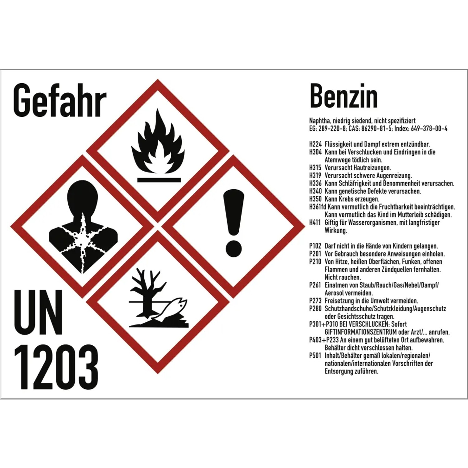 Dreifke Gefahrstoffkennzeichnung Benzin nach GHS Folie 105x74 mm dx 2019