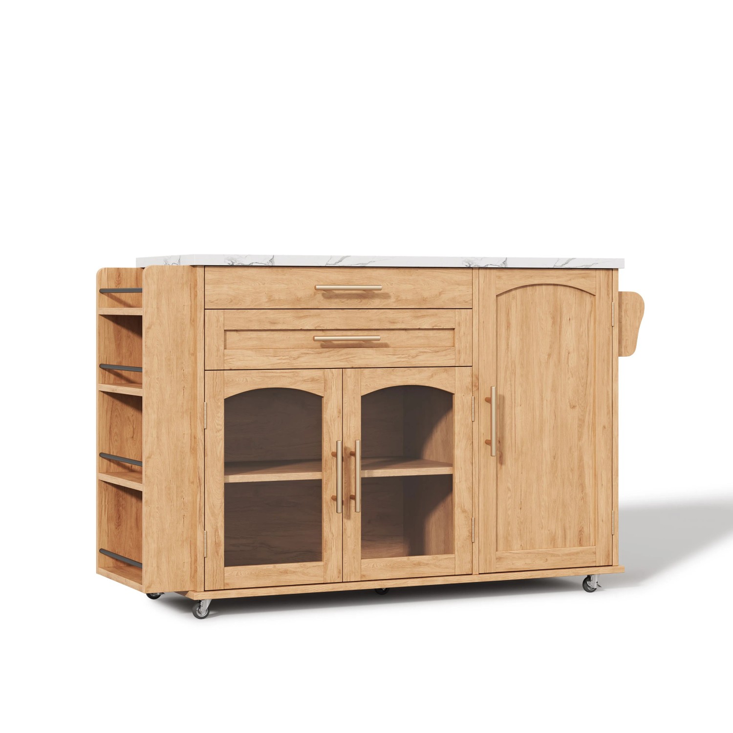 okwish Kücheninsel mit Klappbarer Arbeitsplatte Gewürzregal 120x45-70x90cm Natur