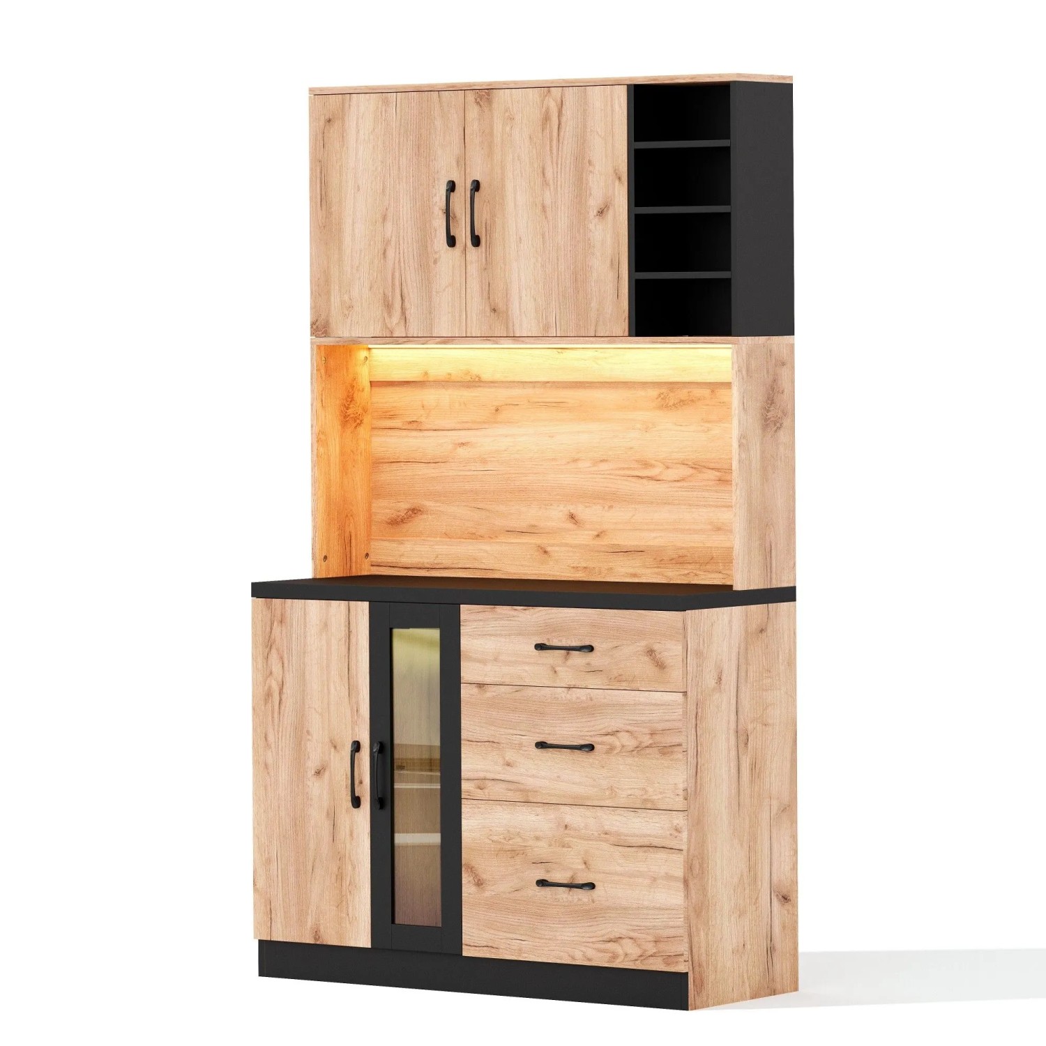 okwish Küchenhochschrank mit LED Beleuchtung Verstellbare Einlegeböden 105x40x180cm Natur