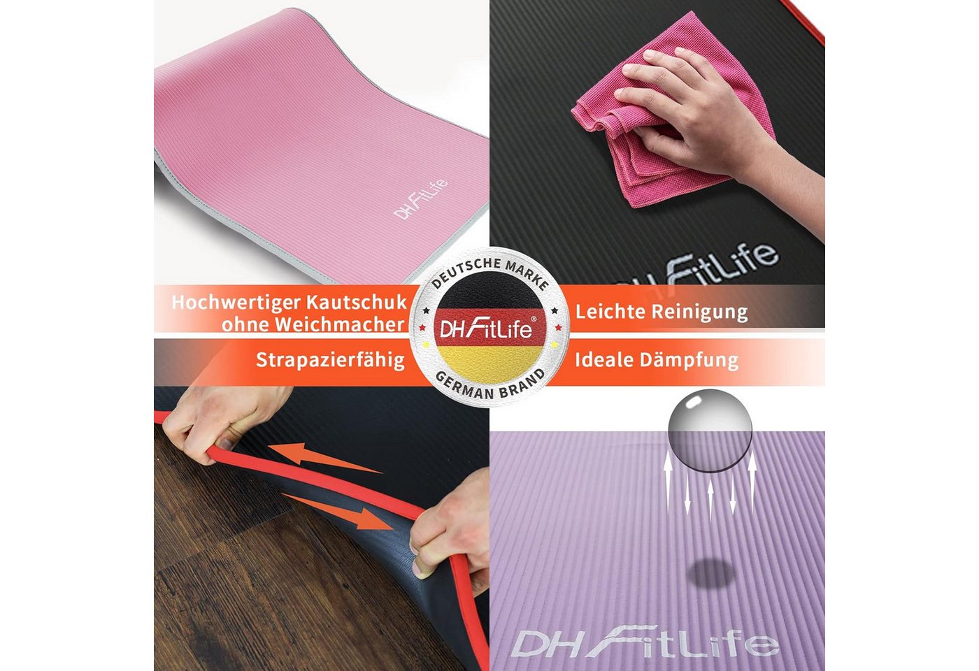 DH FitLife Fitnessmatte 183x61x1 cm für Zuhause NBR Trainingsmatte Schwarz