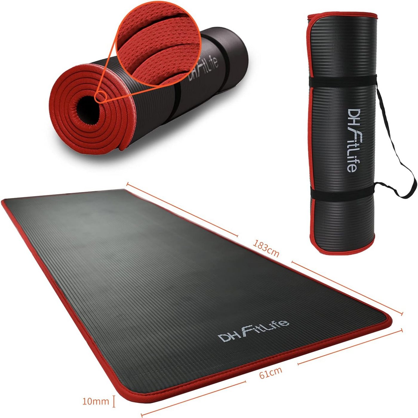 DH FitLife Fitnessmatte 183x61x1 cm für Zuhause NBR Trainingsmatte Schwarz Bild 5