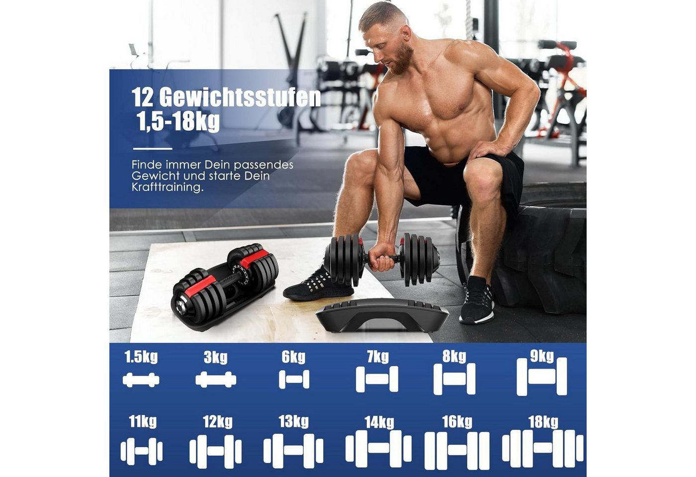 DH FitLife Verstellbare Kurzhantel 18 kg für Krafttraining Zuhause mit 12 Gewichtsstufen Bild 3