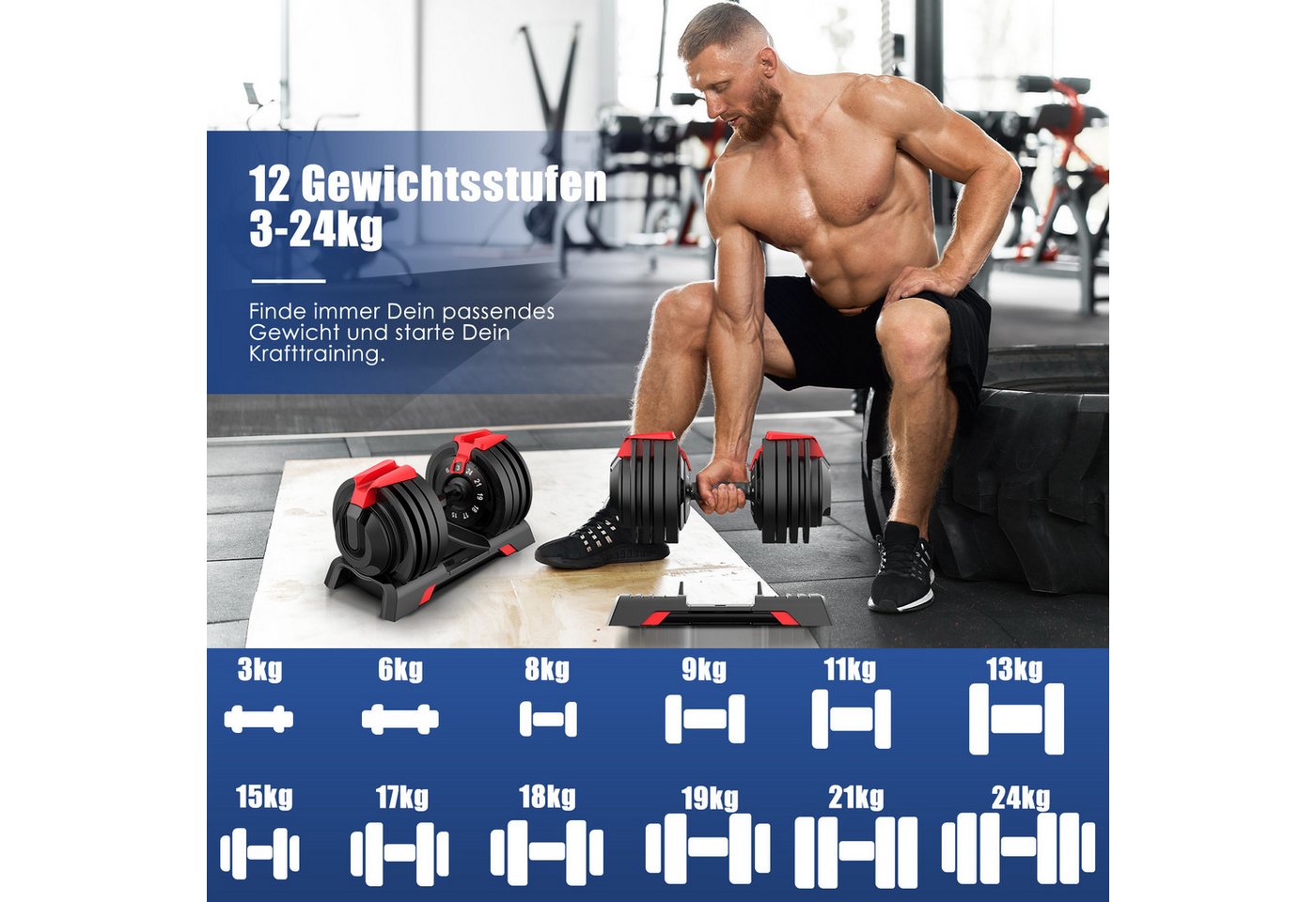 DH FitLife Verstellbare Kurzhantel 24 kg für Krafttraining Zuhause mit 12 Gewichtsstufen Bild 4