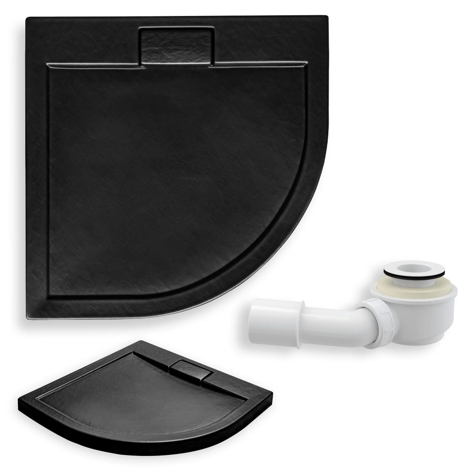 KOLMAN DUSCHWANNE Viertelkreis Schwarz Steinoptik 90x90 cm Set mit Ablaufgarnitur