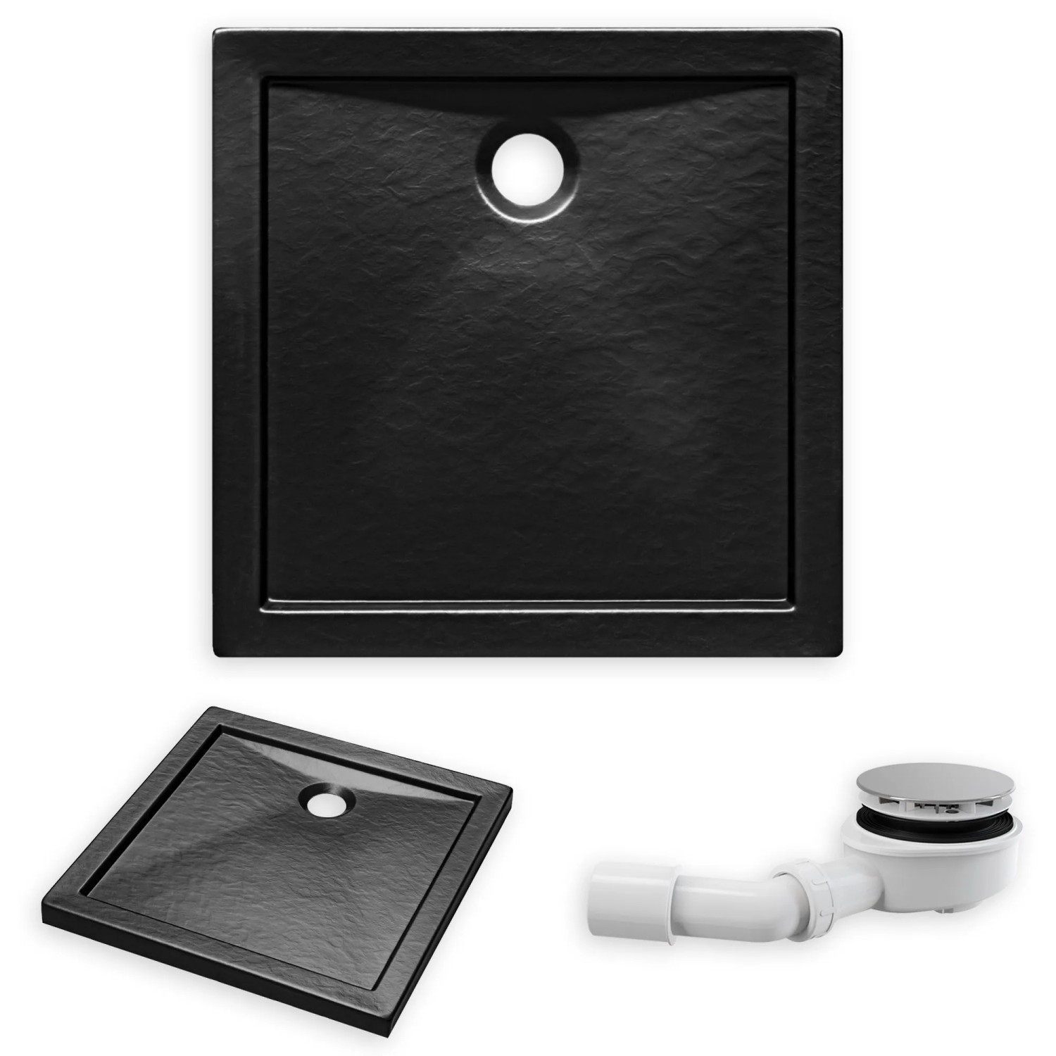 KOLMAN DUSCHWANNE Quadratisch Schwarz Steinoptik 80x80 cm Set mit Ablaufgarnitur