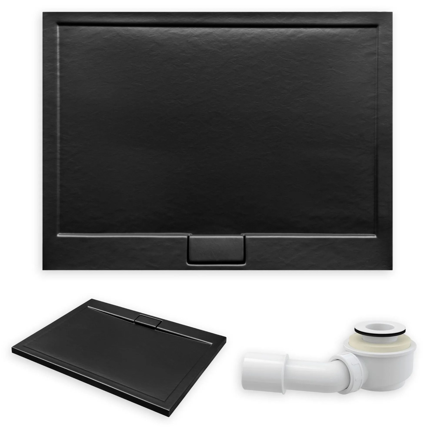 KOLMAN DUSCHWANNE Rechteckig Schwarz Steinoptik 100x90 cm Set mit Ablaufgarnitur