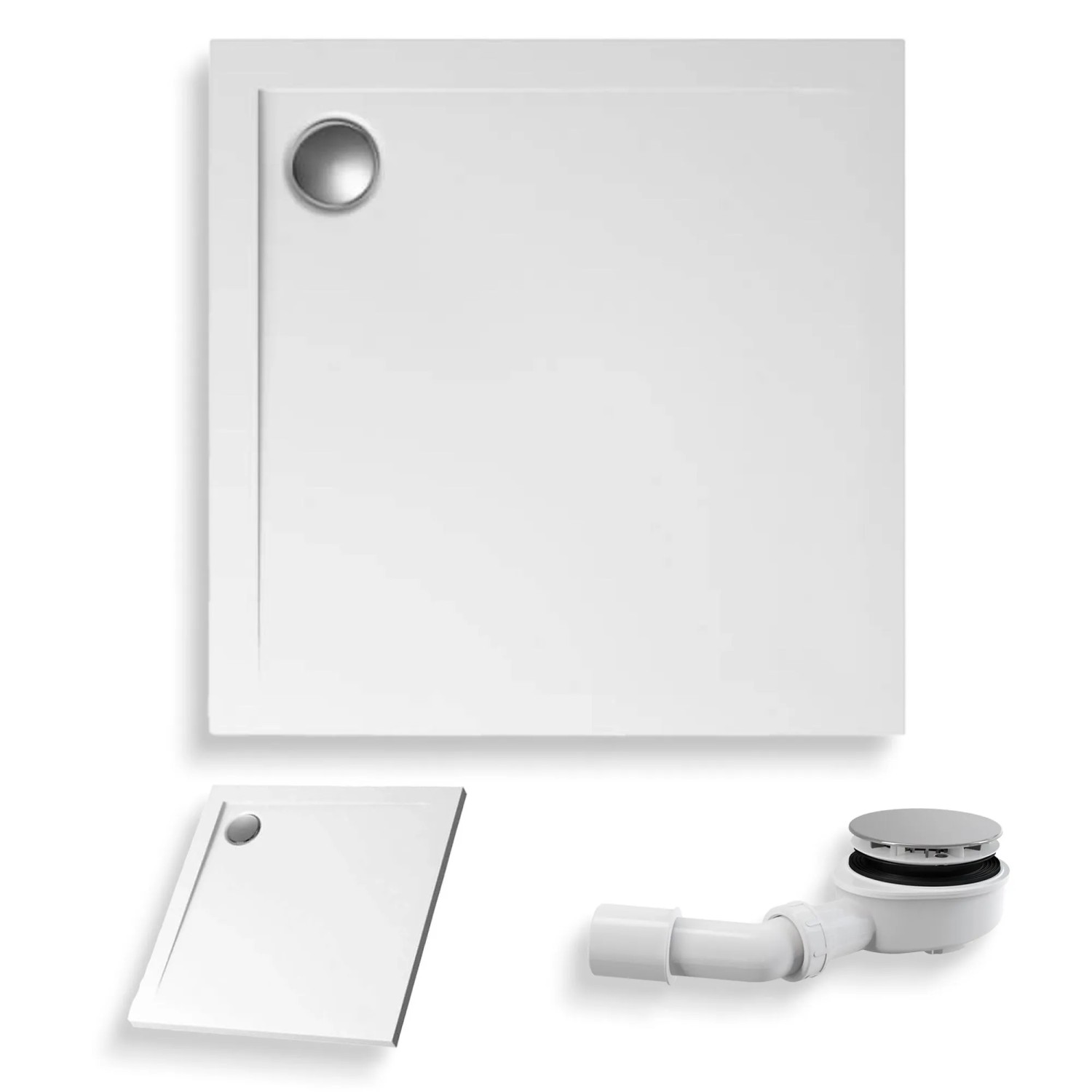 KOLMAN DUSCHWANNE Quadratisch Weiß Steinoptik 90x90 cm Set mit Ablaufgarnitur