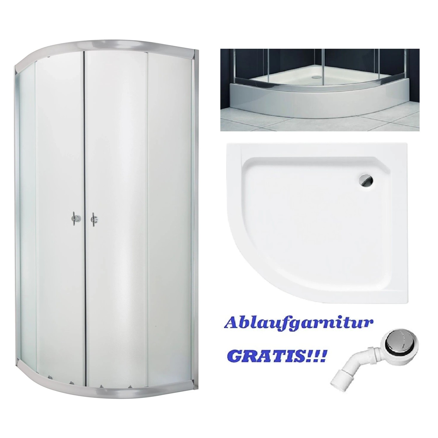 KOLMAN Duschset ALEX Viertelkreis 90 x 90 cm Milchglas Chrom
