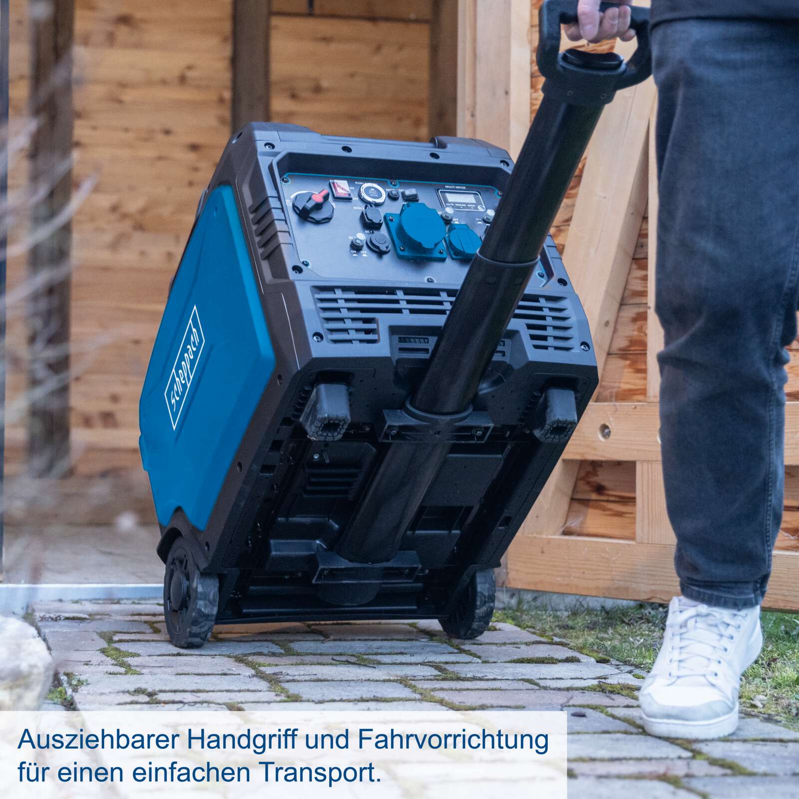 Inverter Benzin Stromerzeuger SG7000i Scheppach - 6200W | 9,2PS | 2x230V 16A | 1x 230V 32A | 12V DC & USB | Generator mit Griff & Fahrvorrichtung