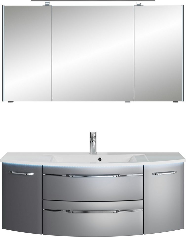 Saphir Badmöbel-Set Serie 7045 2-teilig Mineralmarmor-Waschtisch mit LED-Spiegelschrank, (Set, 2-St), Badezimmer-Set 133,2 cm breit, inkl. Türdämpfer, 5 Türen, 2 Schubladen Bild 3
