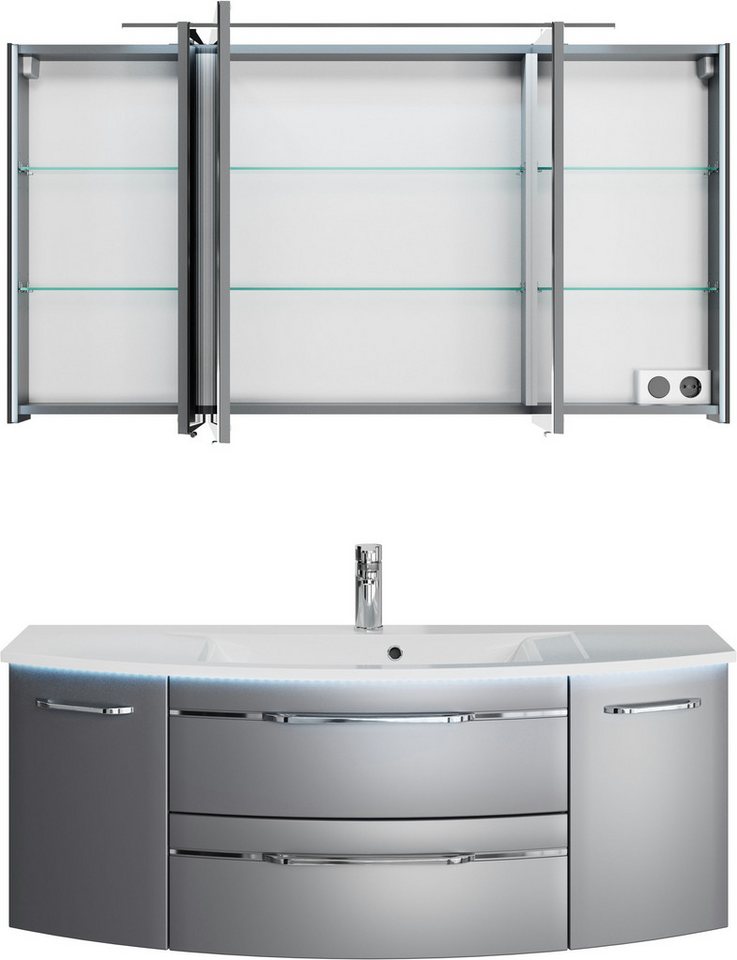 Saphir Badmöbel-Set Serie 7045 2-teilig Mineralmarmor-Waschtisch mit LED-Spiegelschrank, (Set, 2-St), Badezimmer-Set 133,2 cm breit, inkl. Türdämpfer, 5 Türen, 2 Schubladen Bild 4