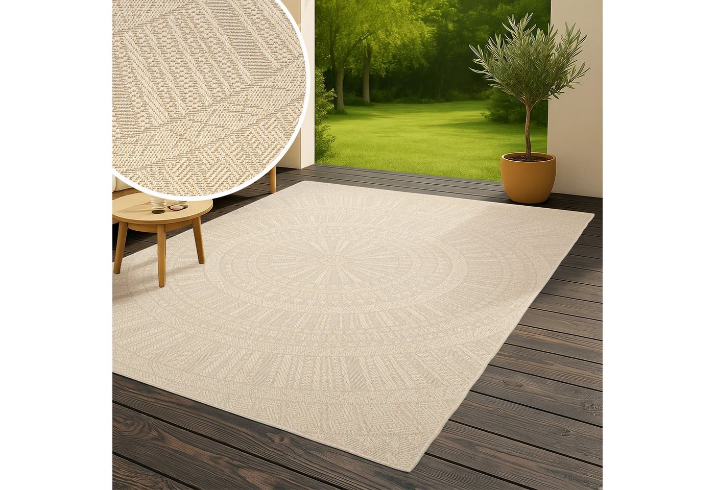 Bruno Banani Teppich Solan, ethno, boho-inspiriert, In- und Outdoor geeignet, rechteckig, Höhe: 5 mm, Mandala, Kreise, Küche, Wohnzimmer, Camping, Balkon Bild 3