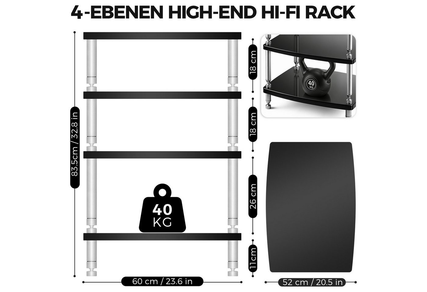XERSEK Media-Regal HiFi Rack AV-Regal Phonoschrank Verstärker-Rack TV-Ständer 60×52×83 cm, 4-Stöckiges, Abstand Individuell Verstellbar für HiFi-Geräte