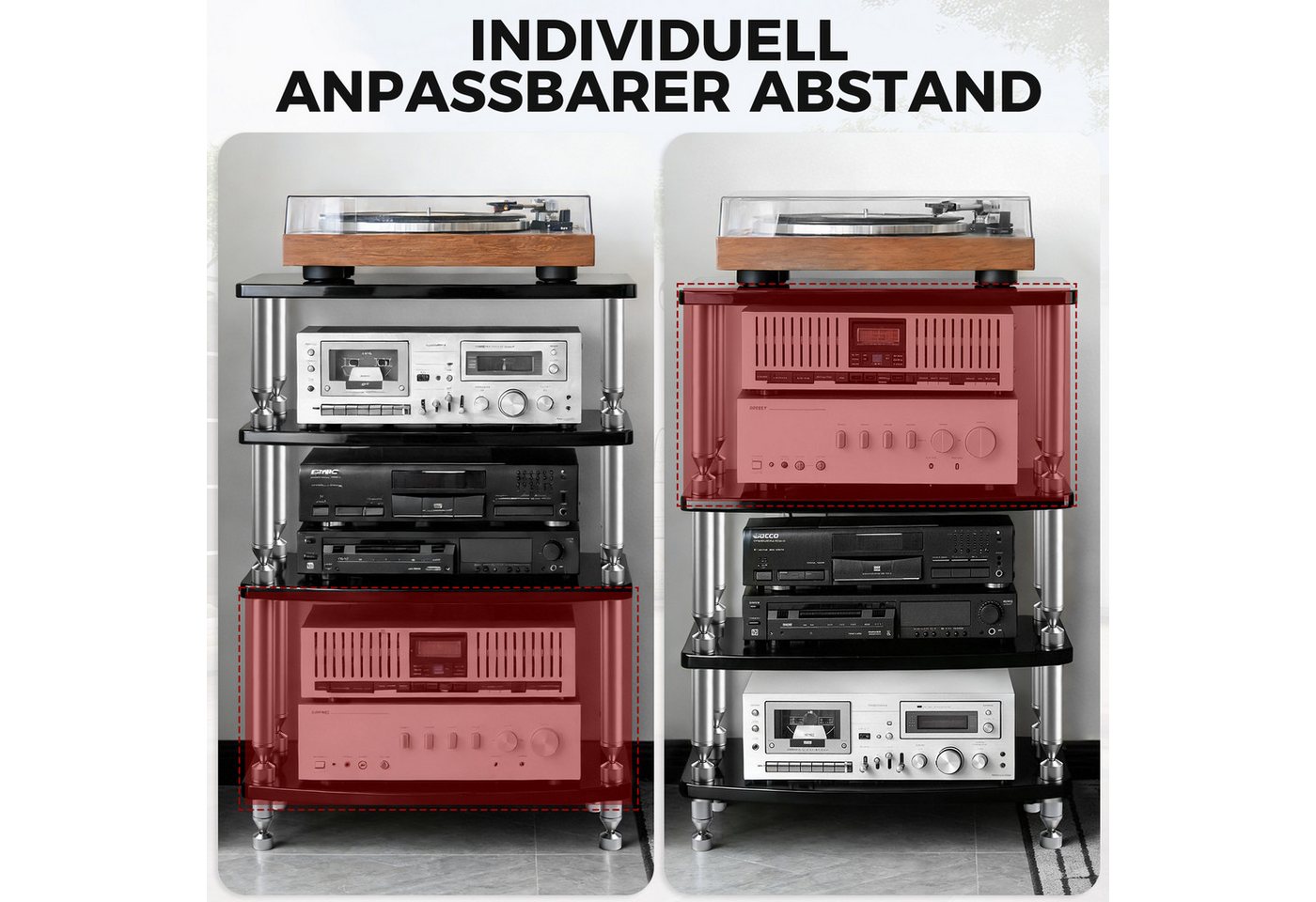 XERSEK Media-Regal HiFi Rack AV-Regal Phonoschrank Verstärker-Rack TV-Ständer 60×52×83 cm, 4-Stöckiges, Abstand Individuell Verstellbar für HiFi-Geräte Bild 4