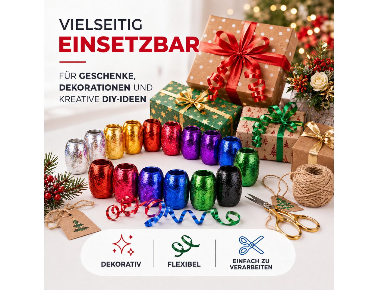 MerryXmas Geschenkband 18x Kräuselband je 20 Meter - buntes Geschenkband & Ringelband, bunte Auswahl