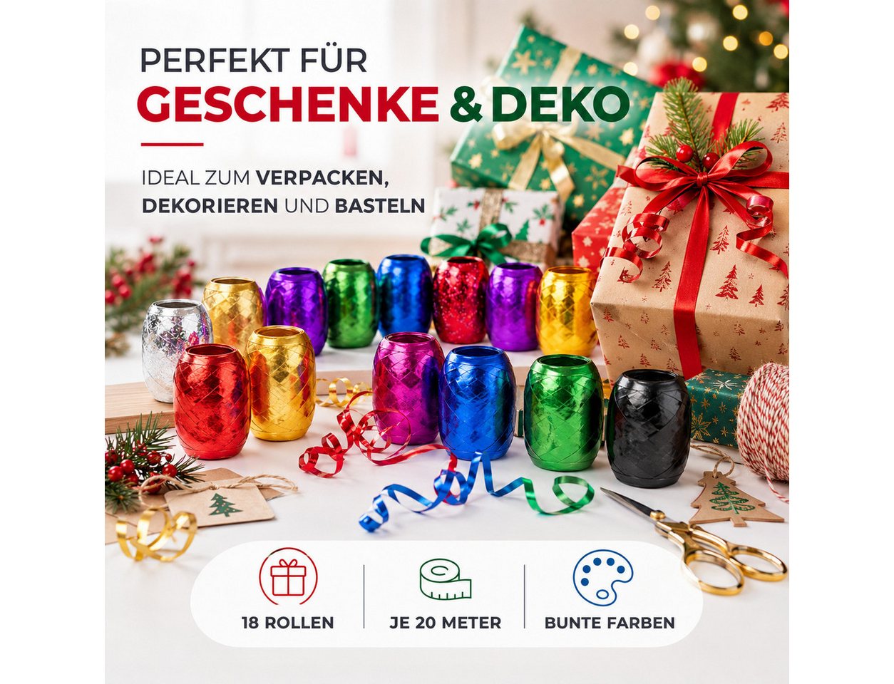 MerryXmas Geschenkband 18x Kräuselband je 20 Meter - buntes Geschenkband & Ringelband, bunte Auswahl Bild 2