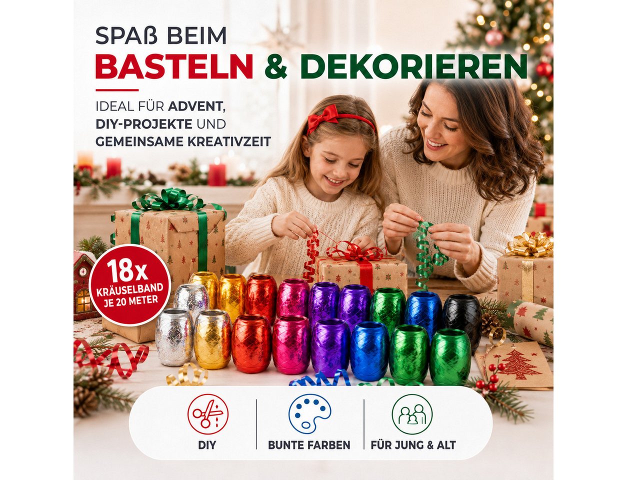 MerryXmas Geschenkband 18x Kräuselband je 20 Meter - buntes Geschenkband & Ringelband, bunte Auswahl Bild 3