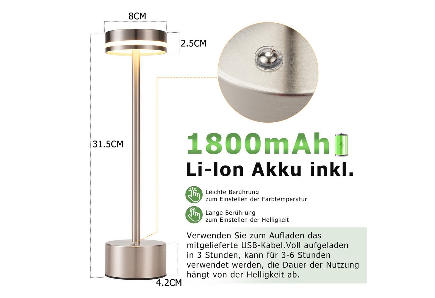 ZMH Tischleuchte Touch Aufladbar Akku Lampe Nachttischlampen CCT/USB, Touch-Steuerung, LED fest integriert, Warmweiß-Neutralweiß-Kaltweiß, Mehrere Helligkeitsstufen,USB-C-Aufladung, bis zu 6 Stunden Betrieb