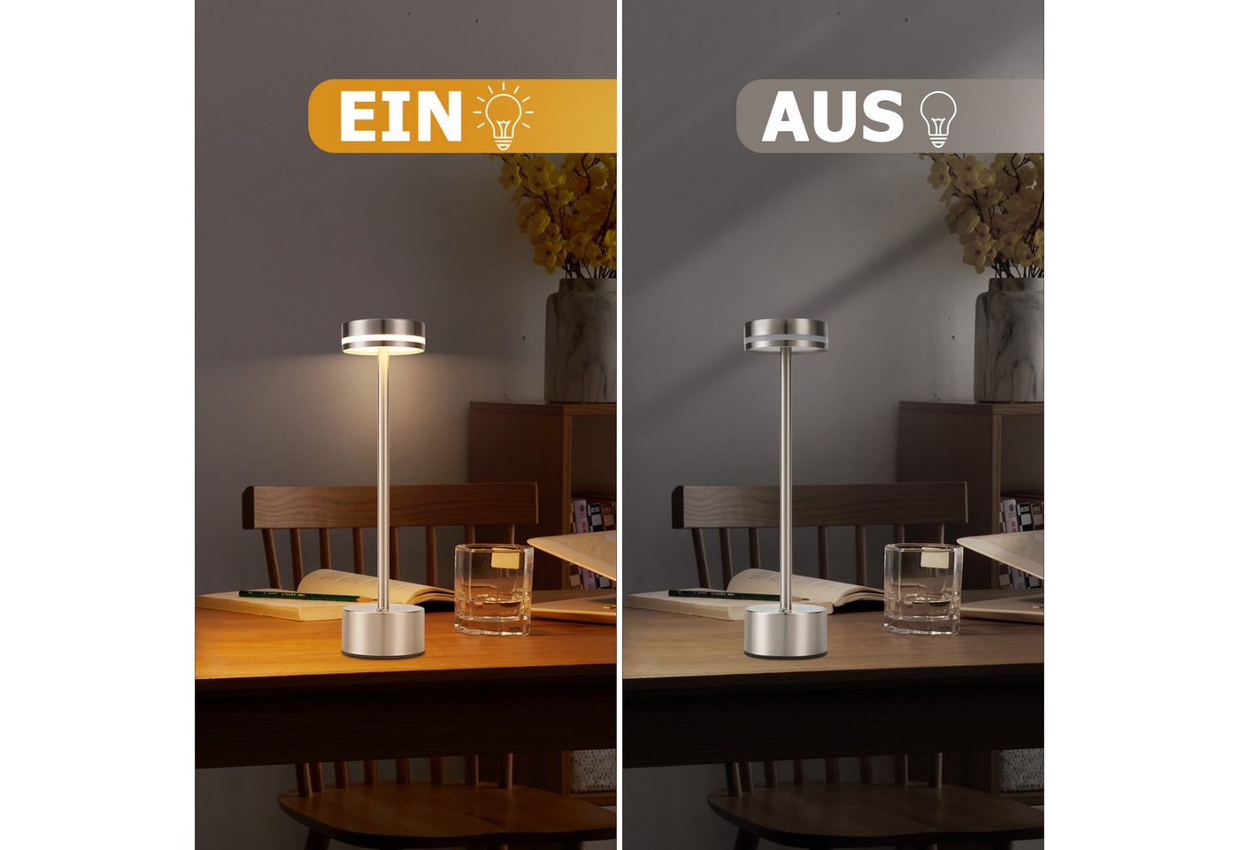 ZMH Tischleuchte Touch Aufladbar Akku Lampe Nachttischlampen CCT/USB, Touch-Steuerung, LED fest integriert, Warmweiß-Neutralweiß-Kaltweiß, Mehrere Helligkeitsstufen,USB-C-Aufladung, bis zu 6 Stunden Betrieb Bild 2