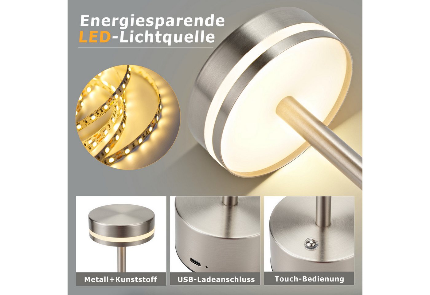 ZMH Tischleuchte Touch Aufladbar Akku Lampe Nachttischlampen CCT/USB, Touch-Steuerung, LED fest integriert, Warmweiß-Neutralweiß-Kaltweiß, Mehrere Helligkeitsstufen,USB-C-Aufladung, bis zu 6 Stunden Betrieb Bild 3
