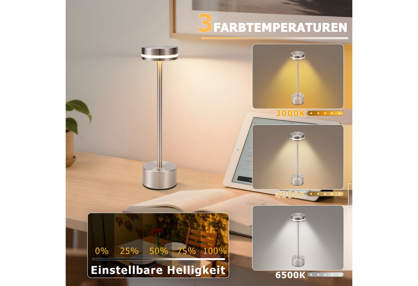 ZMH Tischleuchte Touch Aufladbar Akku Lampe Nachttischlampen CCT/USB, Touch-Steuerung, LED fest integriert, Warmweiß-Neutralweiß-Kaltweiß, Mehrere Helligkeitsstufen,USB-C-Aufladung, bis zu 6 Stunden Betrieb Bild 5