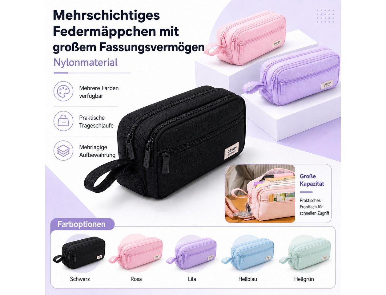 Diwzbyn Federmäppchen Großes Federmäppchen, Mehrfach Fächer Stifteetui Organizer, Mit Tragegriff, Stabiler Canvas Stoff für Schule & Alltag Bild 2