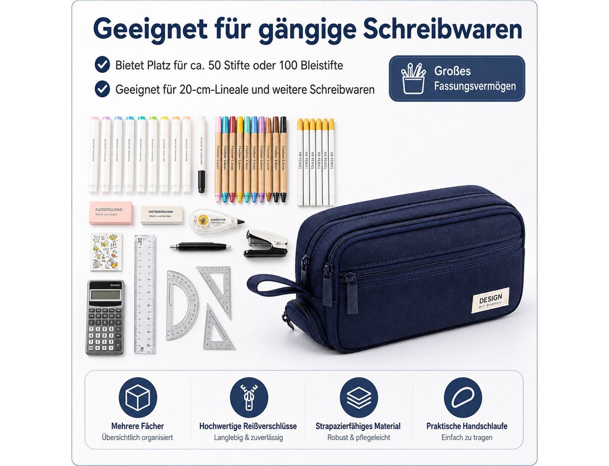 Diwzbyn Federmäppchen Großes Federmäppchen, Mehrfach Fächer Stifteetui Organizer, Mit Tragegriff, Stabiler Canvas Stoff für Schule & Alltag Bild 3
