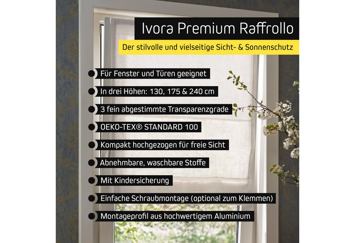 Victoria M. Raffrollo Ivora Premium Raffrollo 40x130cm Elfenbein-Meliert Blickdicht, mit Faltenband, mit Bohren, freihängend, Abnehmbarer Stoff mit OEKO-TEX® Zertifizierung Bild 2