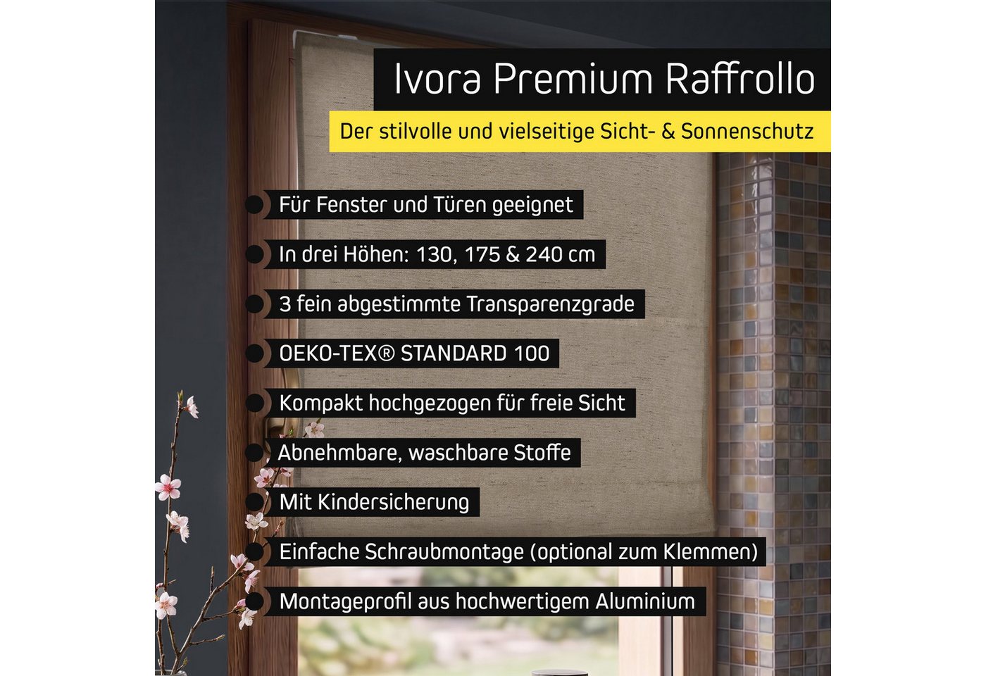 Victoria M. Raffrollo Klemmfix Ivora Premium Raffrollo 40x130cm Creme Verdunkelnd, mit Klemmträger, ohne Bohren, freihängend, Ohne Bohren Bild 3