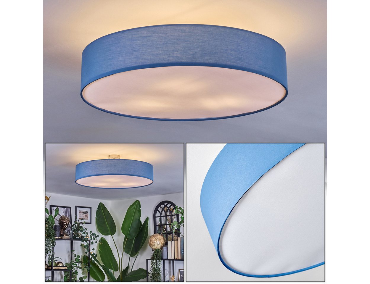 hofstein Deckenleuchte Deckenlampe aus Metall/Stoff/Kunststoff in Nickel-matt/Blau/Weiß, ohne Leuchtmittel, runde Leuchte im modernen Design (60 cm), E27, Esszimmer, Wohnzimmer Bild 3