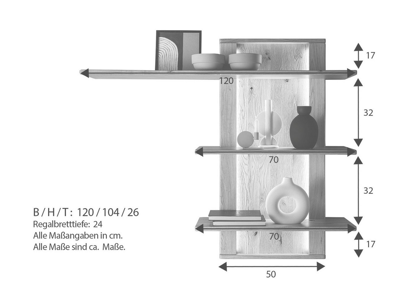 Woodroom Wandboard Zwettl, 3 Ablagen, Wildeiche massiv geölt, Hängeregal, Wandregal