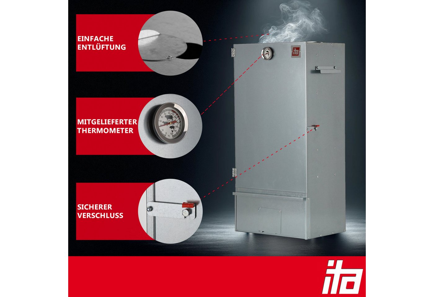 ITA Räucherofen Räucherofen 7005 - Premium Räucherschrank aus Edelstahl 81 cm, 1-St., Smoker mit Heizspirale & Räuchertisch und Rauchgenerator