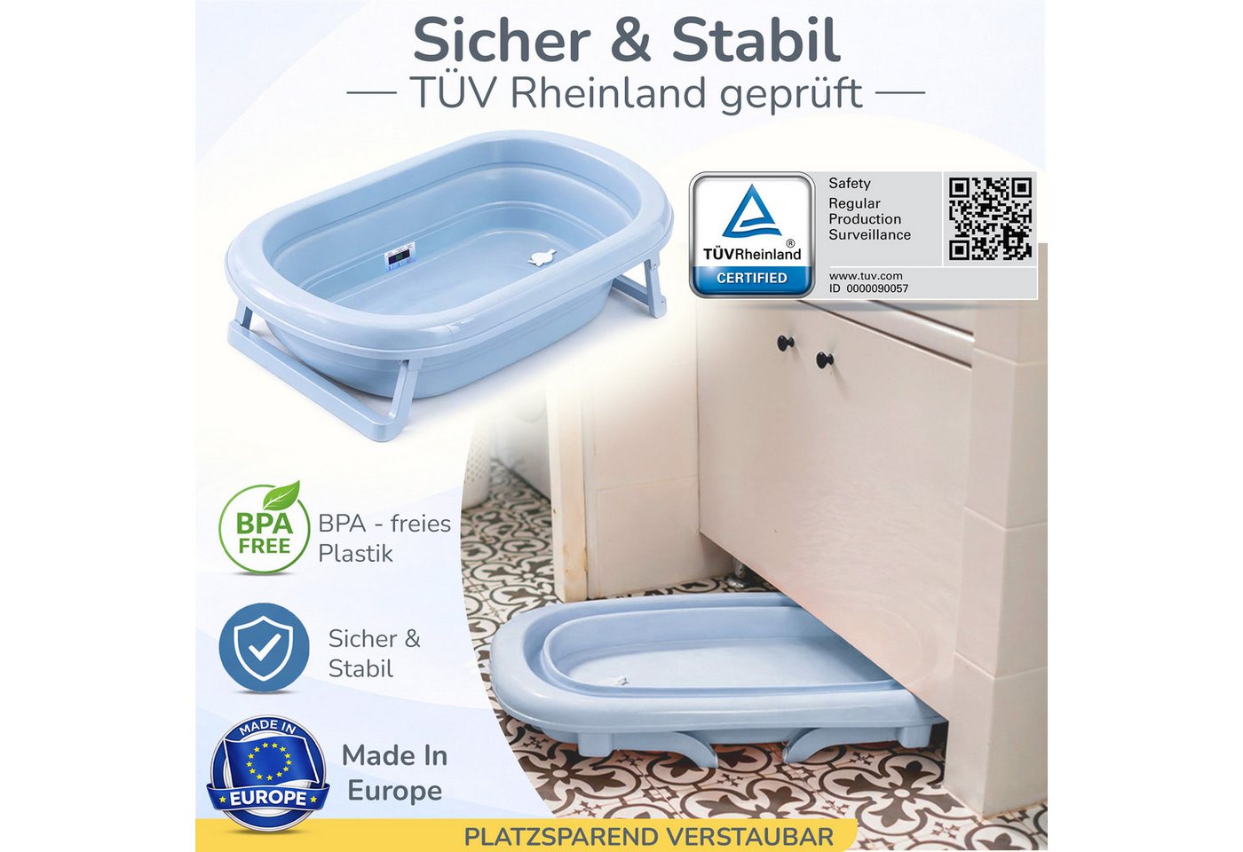 Babykajo Babybadewanne TÜV geprüft, (1-tlg), Faltbare Babybadewanne mit integriertem Thermometer und Abfluss Bild 2