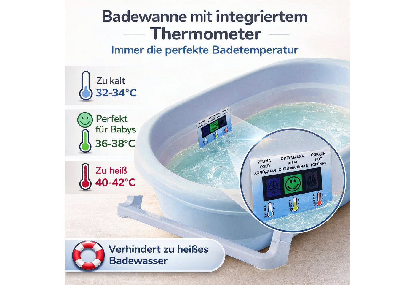 Babykajo Babybadewanne TÜV geprüft, (1-tlg), Faltbare Babybadewanne mit integriertem Thermometer und Abfluss Bild 4