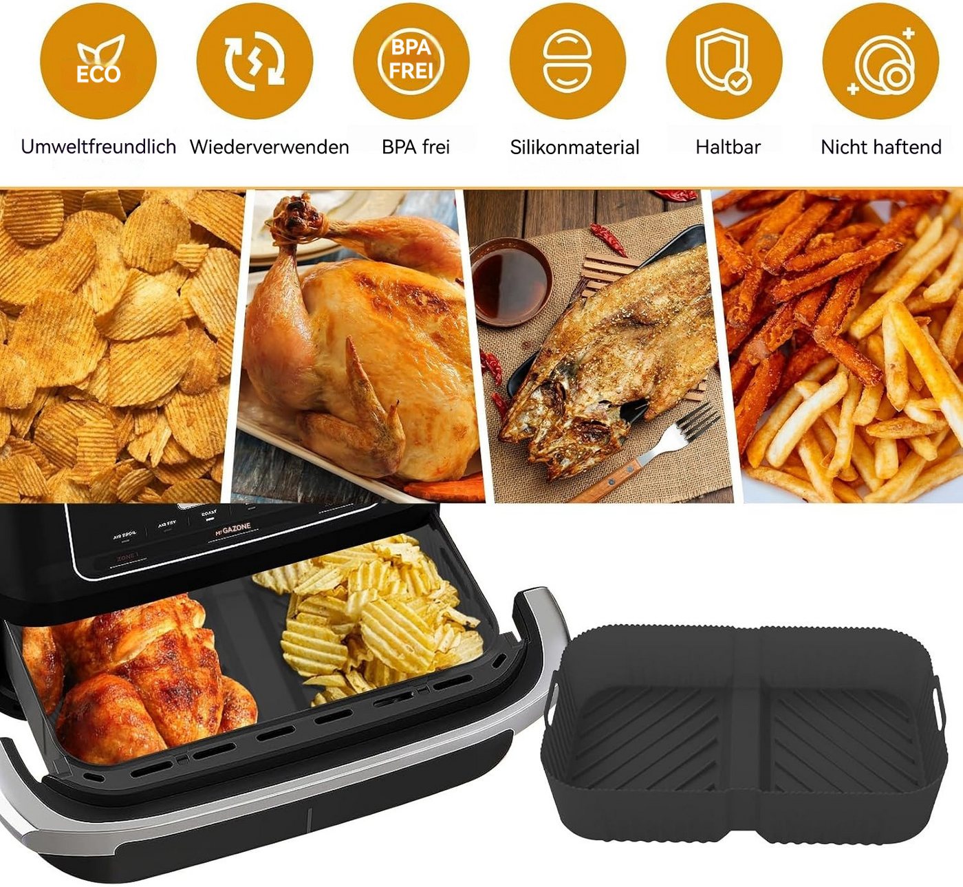 BlingBin Silikonform Heißluftfritteuse Zubehör für Ninja Foodi Flexdrawer 10,4 L AF500EU, (1 Stück 1-tlg), 2 In 1 Wiederverwendbar Airfryer Zubehör Bild 2