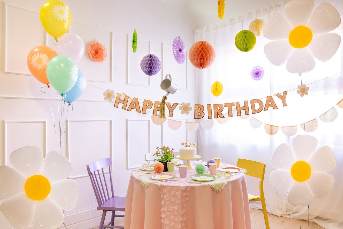 partydeco Girlande, Happy Birthday Girlande 14x200cm Gänseblümchen Banner Rosa / Gold Bild 3