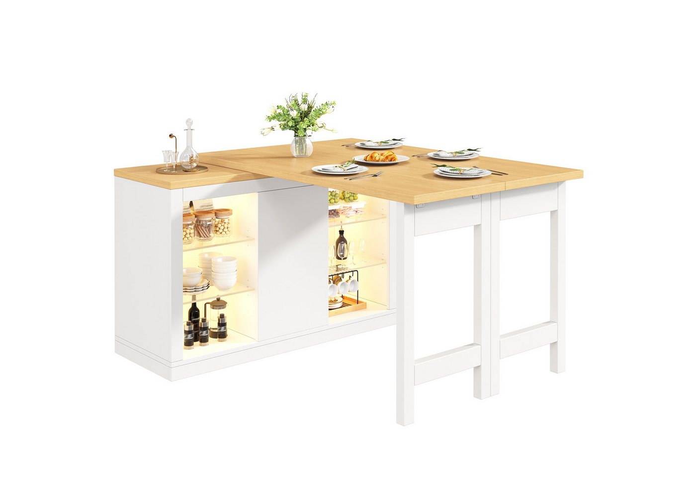 KLAM HOME Kücheninsel Ausziehbarer Kücheninsel Tisch mit App-gesteuerter RGB-LED, (360° drehbarer Esstisch MDF mit Glaseinlegeböden & Magnettüren), Erweiterbarer Küchentisch 120–197cm Weiß/Schwarz bis 60kg belastbar Bild 3