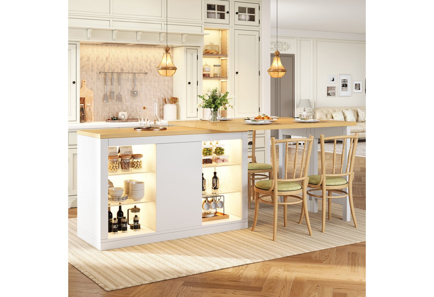 KLAM HOME Kücheninsel Ausziehbarer Kücheninsel Tisch mit App-gesteuerter RGB-LED, (360° drehbarer Esstisch MDF mit Glaseinlegeböden & Magnettüren), Erweiterbarer Küchentisch 120–197cm Weiß/Schwarz bis 60kg belastbar Bild 5