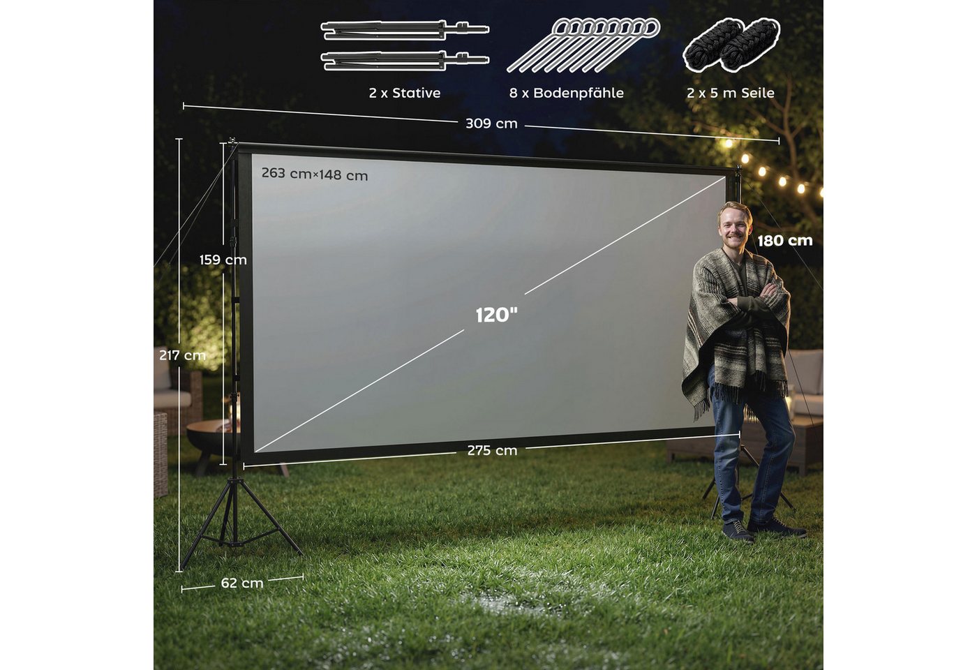 HOMCOM Leinwand Beamer 100" Projektionsleinwand tragbar doppelseitig Heimkino, 4K,8K-fähig, 160° Betrachtungswinkel, Dual-Stativ, faltbar, waschbar