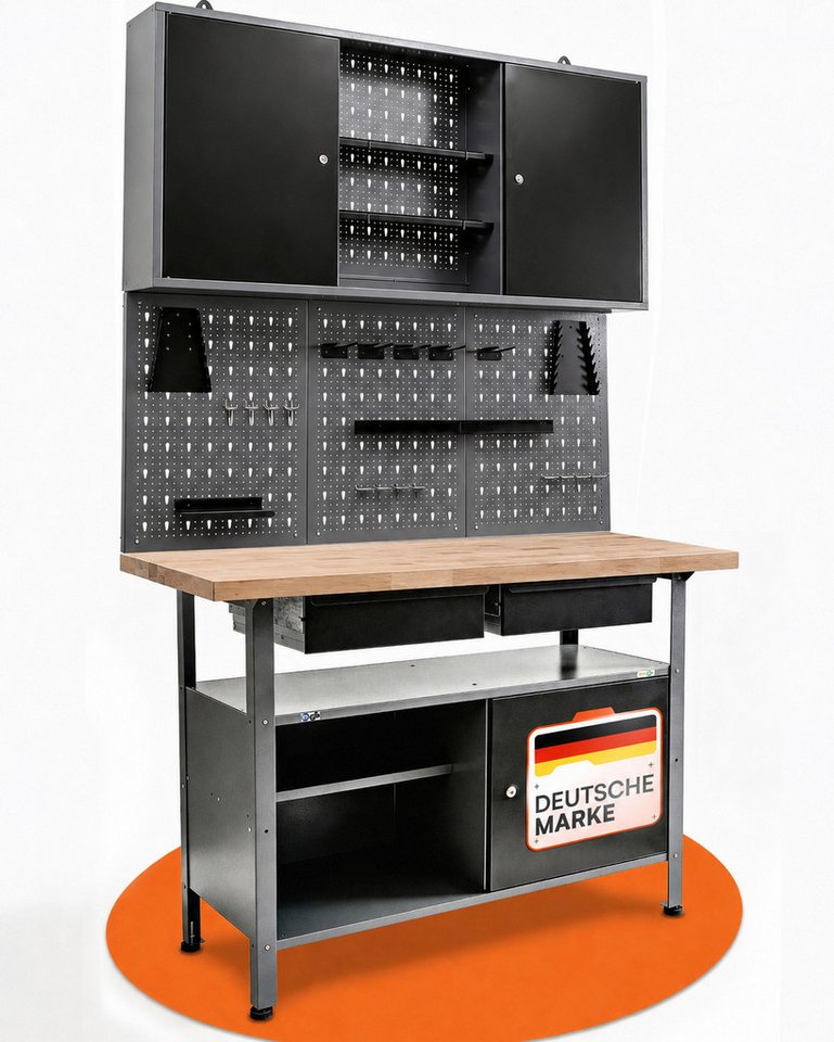 ONDIS24 Werkstatt-Set Ondis24 Werkstatt Set Werkbank Metall 120cm Werkzeugschrank Lochwand