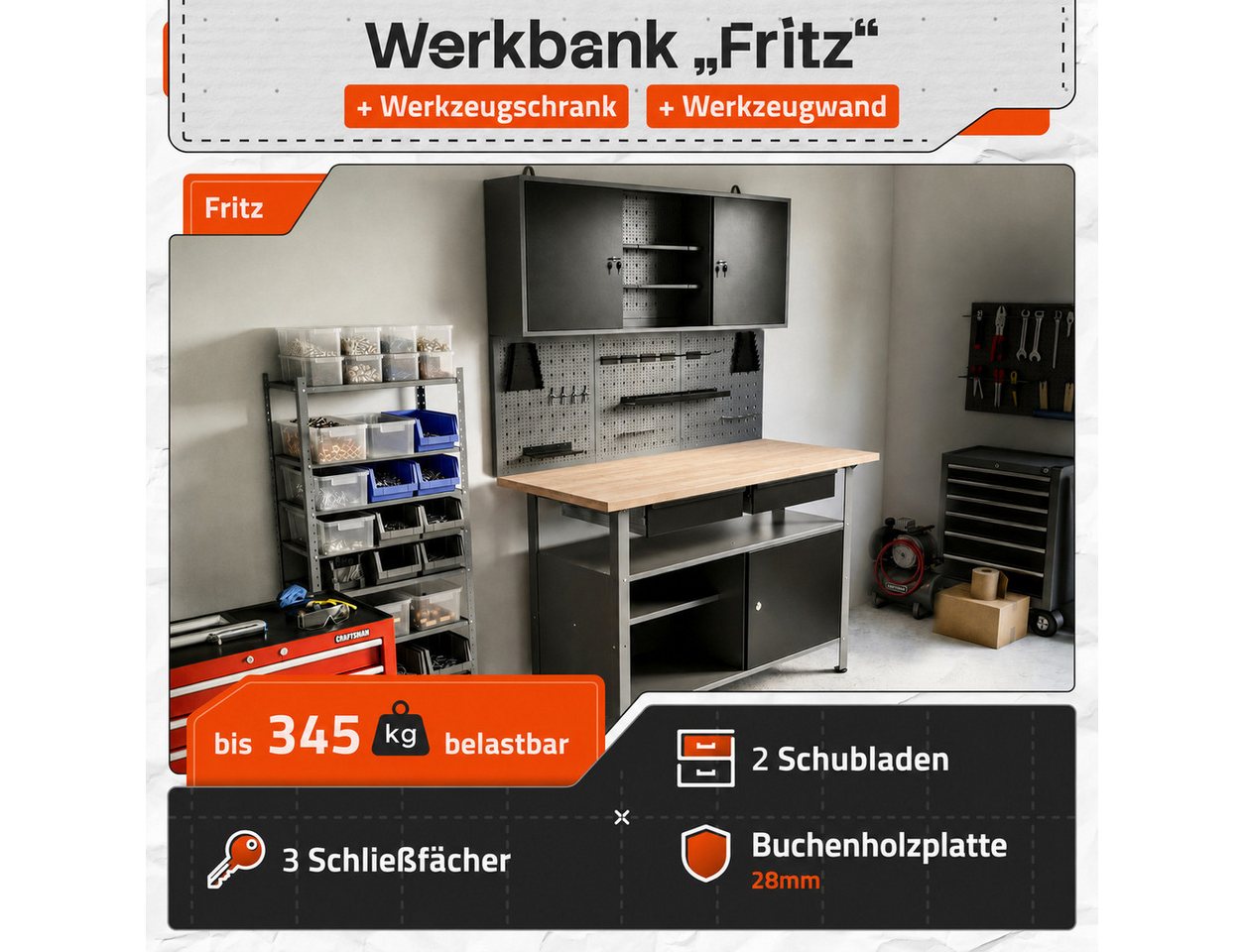 ONDIS24 Werkstatt-Set Ondis24 Werkstatt Set Werkbank Metall 120cm Werkzeugschrank Lochwand Bild 2