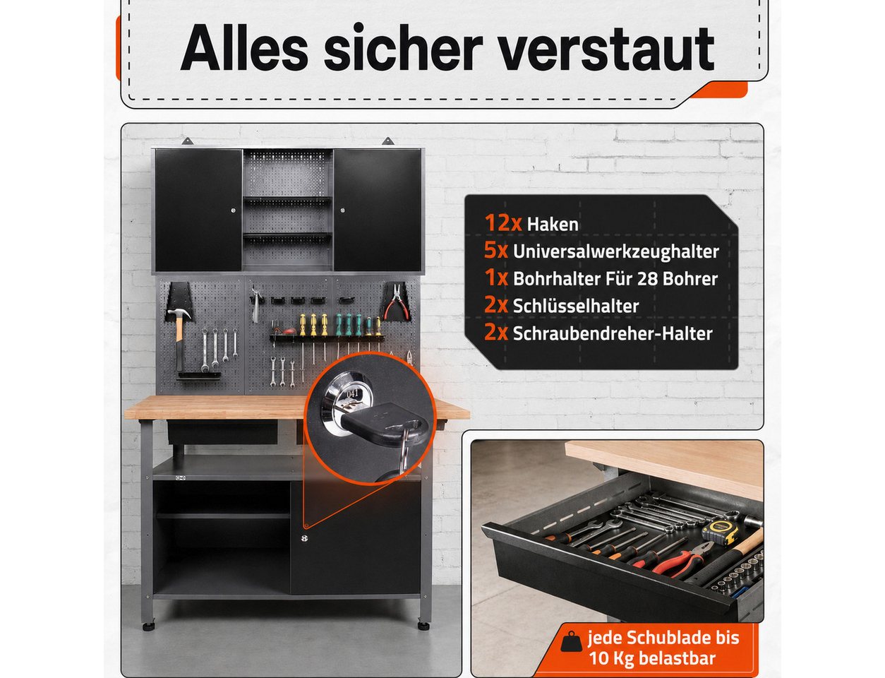 ONDIS24 Werkstatt-Set Ondis24 Werkstatt Set Werkbank Metall 120cm Werkzeugschrank Lochwand Bild 4