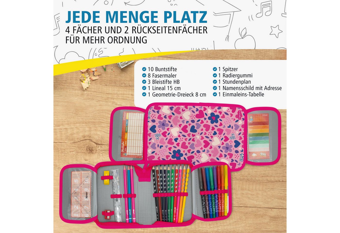 itenga Federmäppchen itenga Schüler-Etui Mäppchen Herzen 28 teilig (gefüllt) 1-Zipper