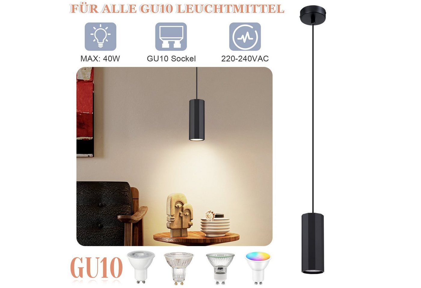 Nettlife Pendelleuchte 1/3/4flammig Schwarz Hängelampe GU10 Esstisch Wohnzimmer modern, ohne Leuchtmittel, für Esszimmer Küche Flur Wohnzimmer Schlafzimmer Bild 4
