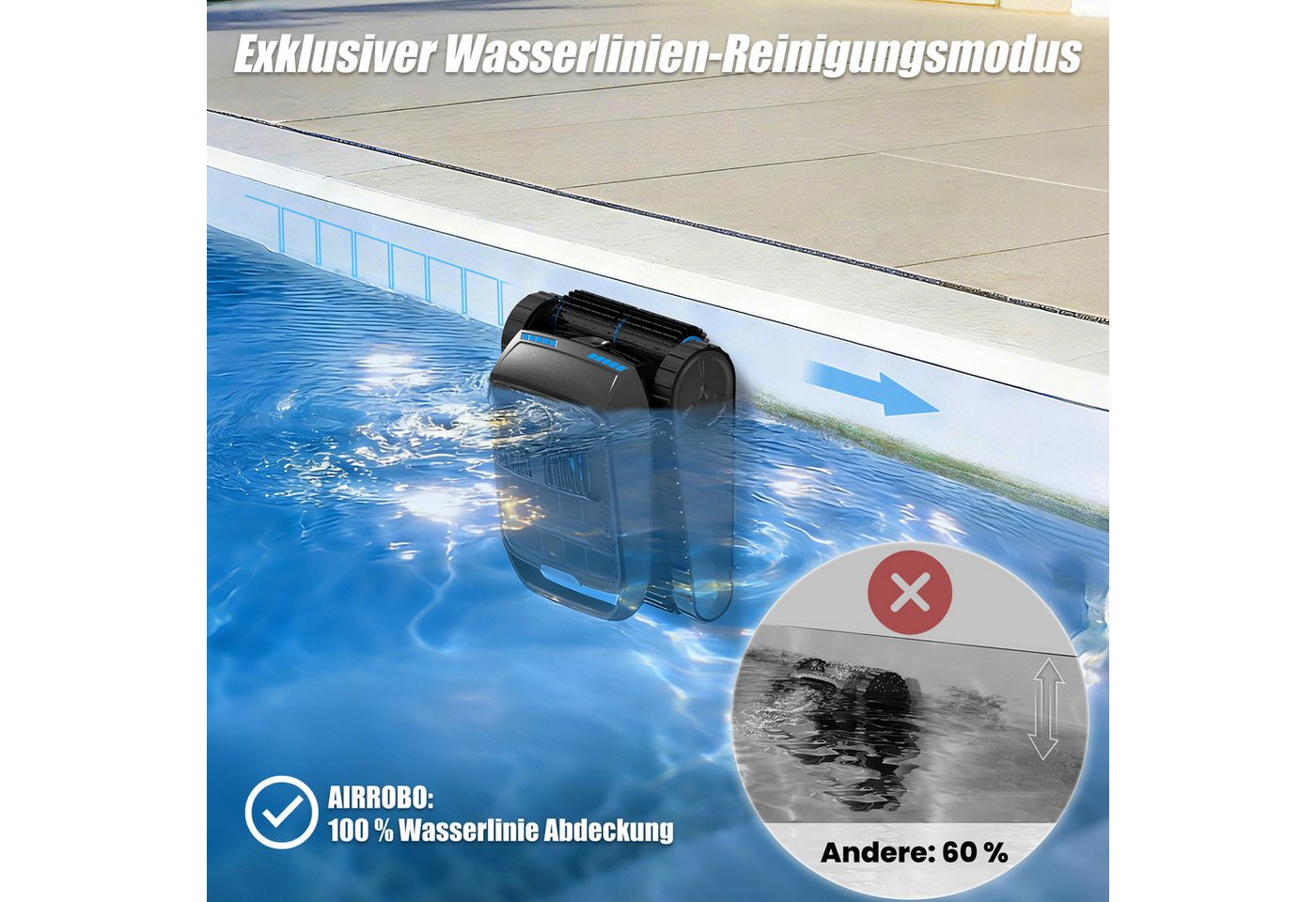 AIRROBO Poolroboter CP400/400lite poolroboter akku wand und boden, (Geeignet für die Reinigung von Böden, Wänden, Wasserlinie, Geeignet für die meisten Schwimmbäder), groBer 4L Filterkorb, 150 Min Laufzeit, 2 Jahr Garantie Bild 3