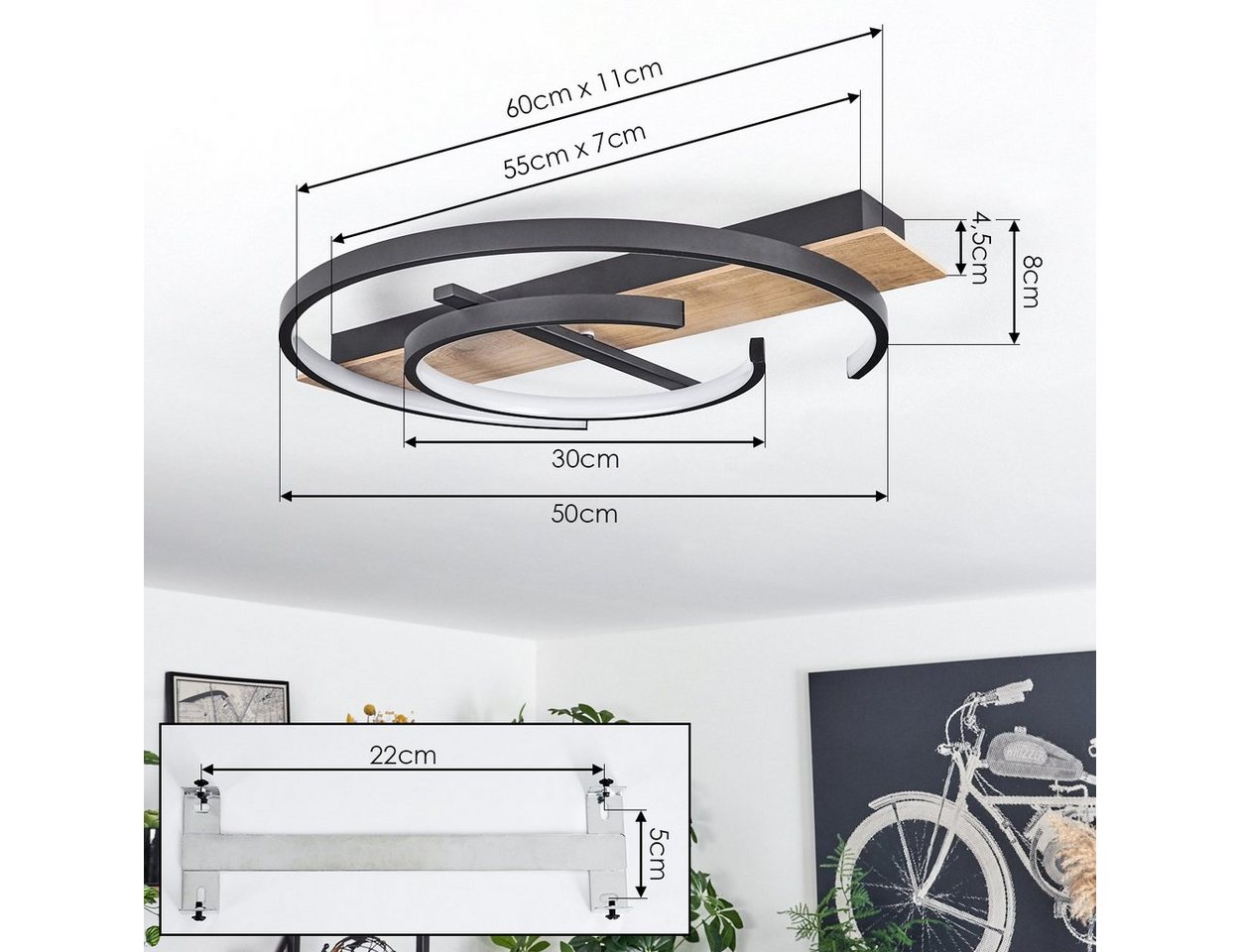 hofstein Deckenleuchte dimmbare Deckenlampe aus Metall/MDF/Kunststoff in Schwarz/Holzoptik, LED fest integriert, 3000 Kelvin, verstellbare über Lichtschalter dimmbar, LED 36 Watt, 3600 Lumen Bild 3