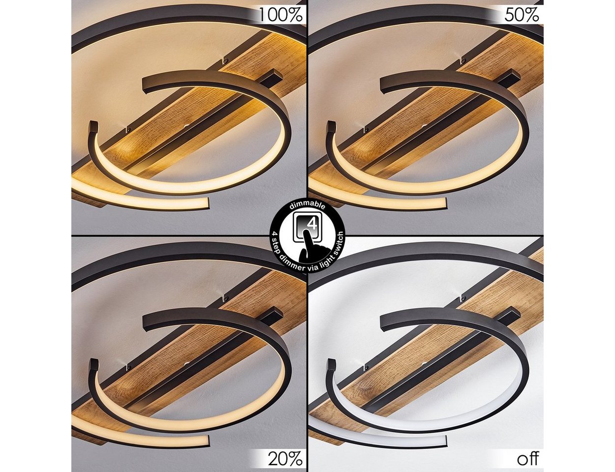 hofstein Deckenleuchte dimmbare Deckenlampe aus Metall/MDF/Kunststoff in Schwarz/Holzoptik, LED fest integriert, 3000 Kelvin, verstellbare über Lichtschalter dimmbar, LED 36 Watt, 3600 Lumen Bild 4