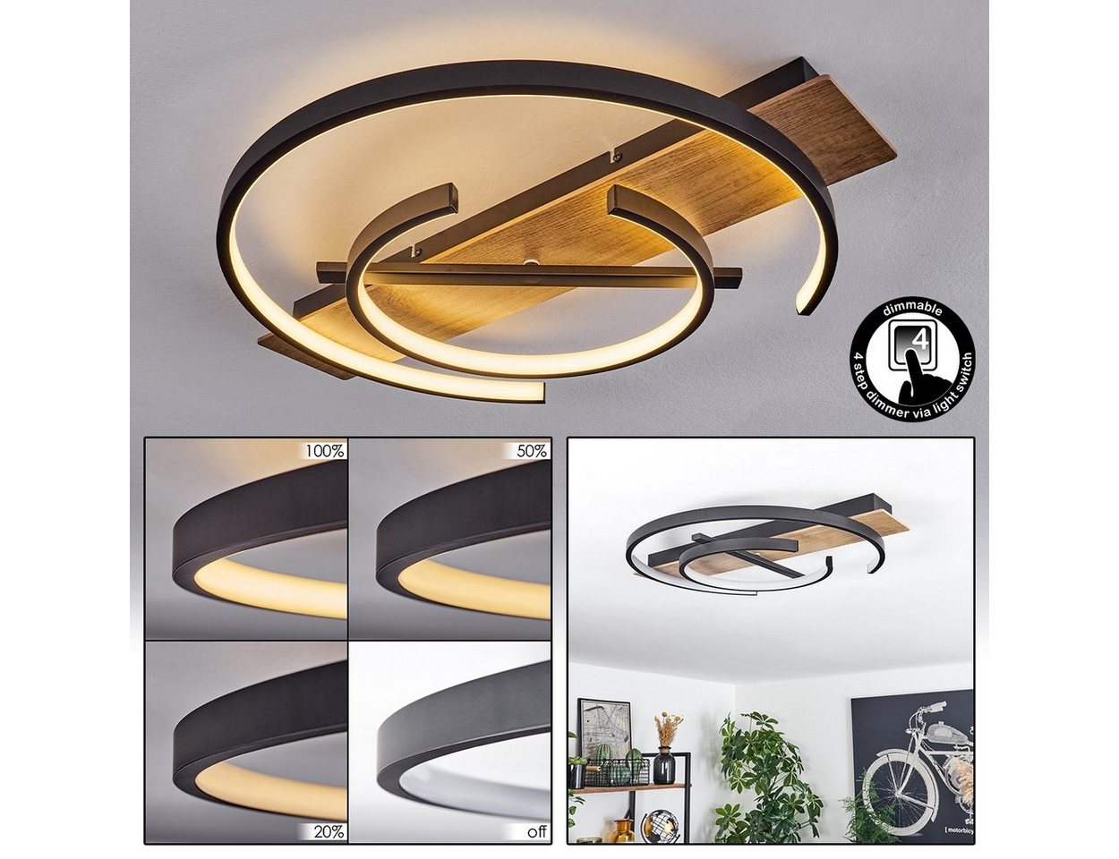 hofstein Deckenleuchte dimmbare Deckenlampe aus Metall/MDF/Kunststoff in Schwarz/Holzoptik, LED fest integriert, 3000 Kelvin, verstellbare über Lichtschalter dimmbar, LED 36 Watt, 3600 Lumen Bild 5
