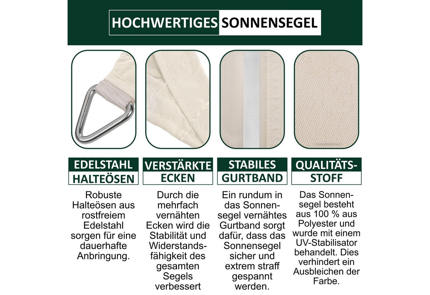 bonsport Sonnensegel Sonnensegel aus 100% Polyester, (Quadrat 2x2m Creme), Polyester Bild 4